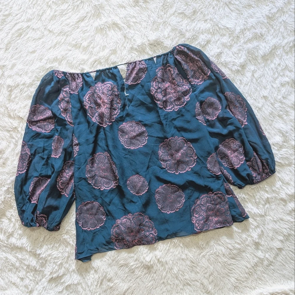 Trina Turk Teal & Pink Saloni Silk Puff Sleeve Top - Picture 8 of 12